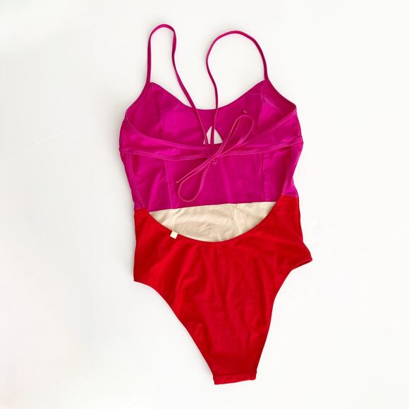 [Summersalt] The Swan Dive Colorblock Hibiscus Lava Pink One Piece Swimsuit Sz 8 - Picture 4 of 11